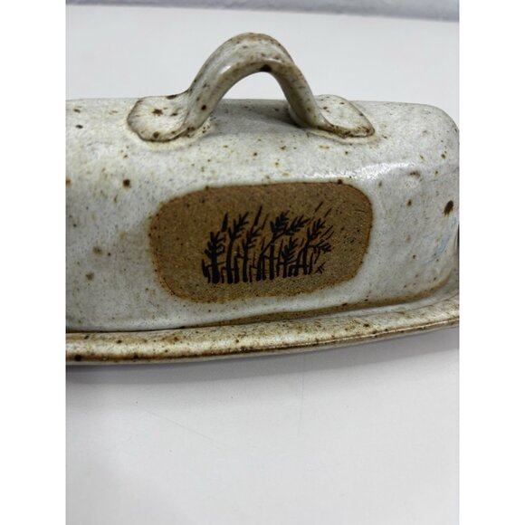 VTG Stoneware Butter Dish Wheat Accent Primitive Speckled Signed EUC - Picture 3 of 9